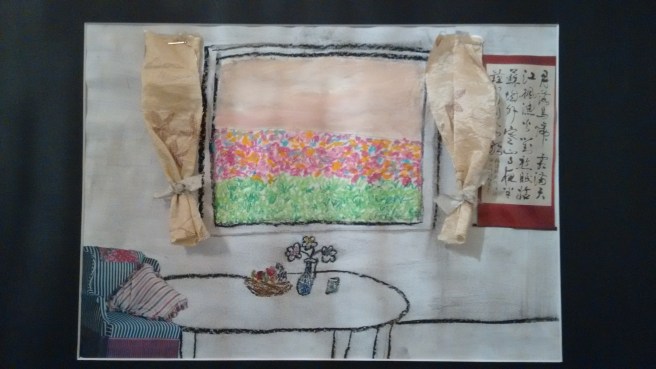 picture of table and chair with vase of flowers collage