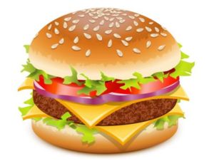 hamburger bun with lettuce, tomato, onion, cheese and meat patty