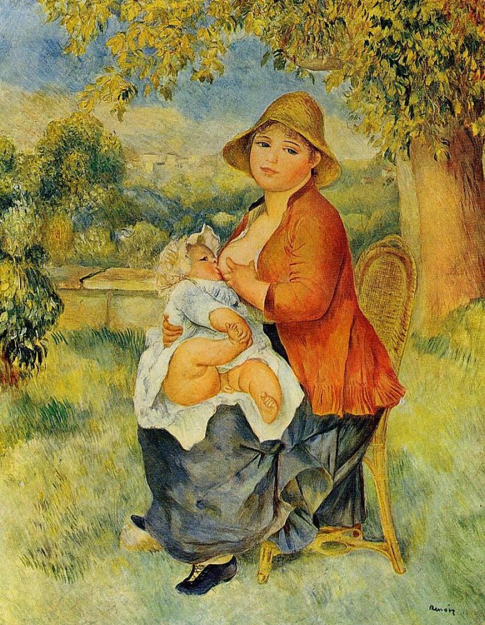Renoir painting of mother on cane chair outside breastfeeding child