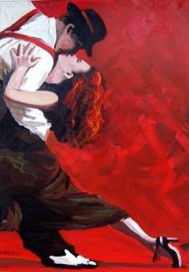 two tango dancers in red black and white