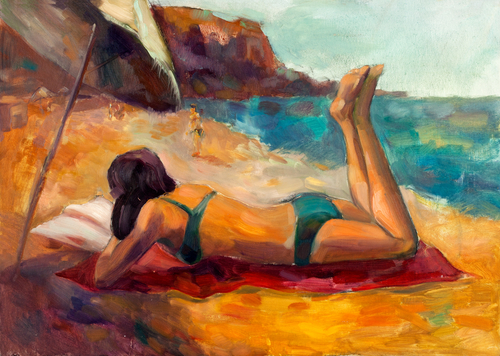 painting of girl lying on beach in torquoise bikini reading a book